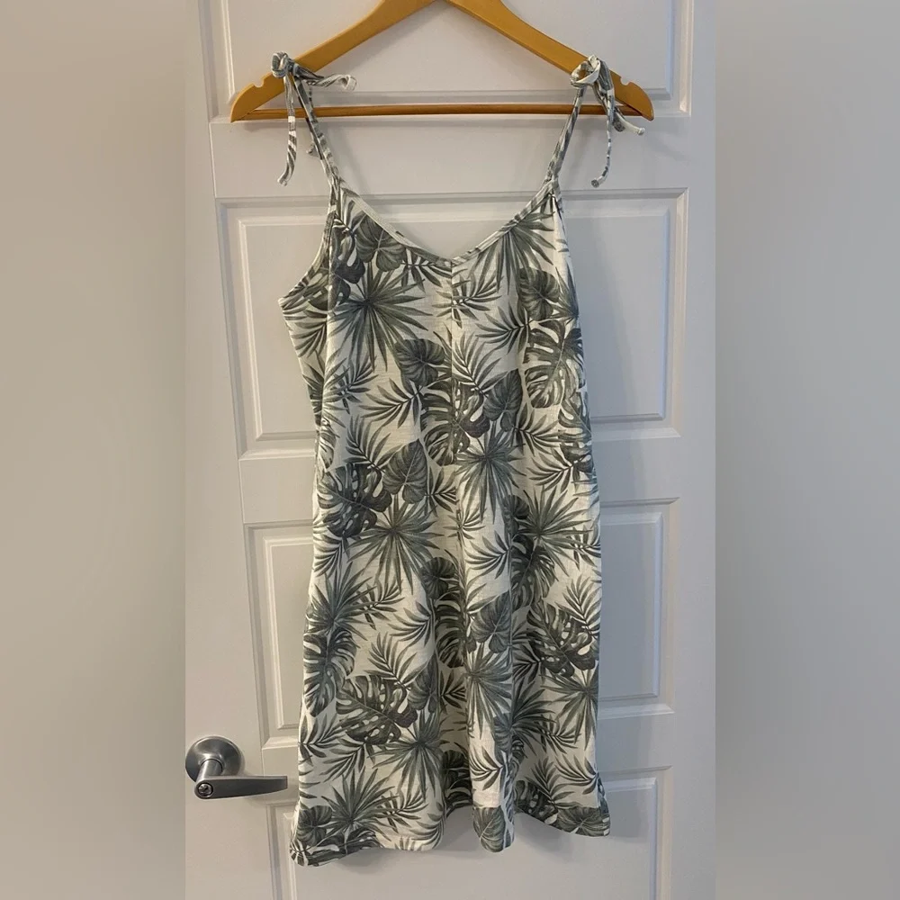 Kismet Tropical Monstera Palm Mini Sundress M | Beachy Tie Strap Summer Resort - Picture 2 of 8